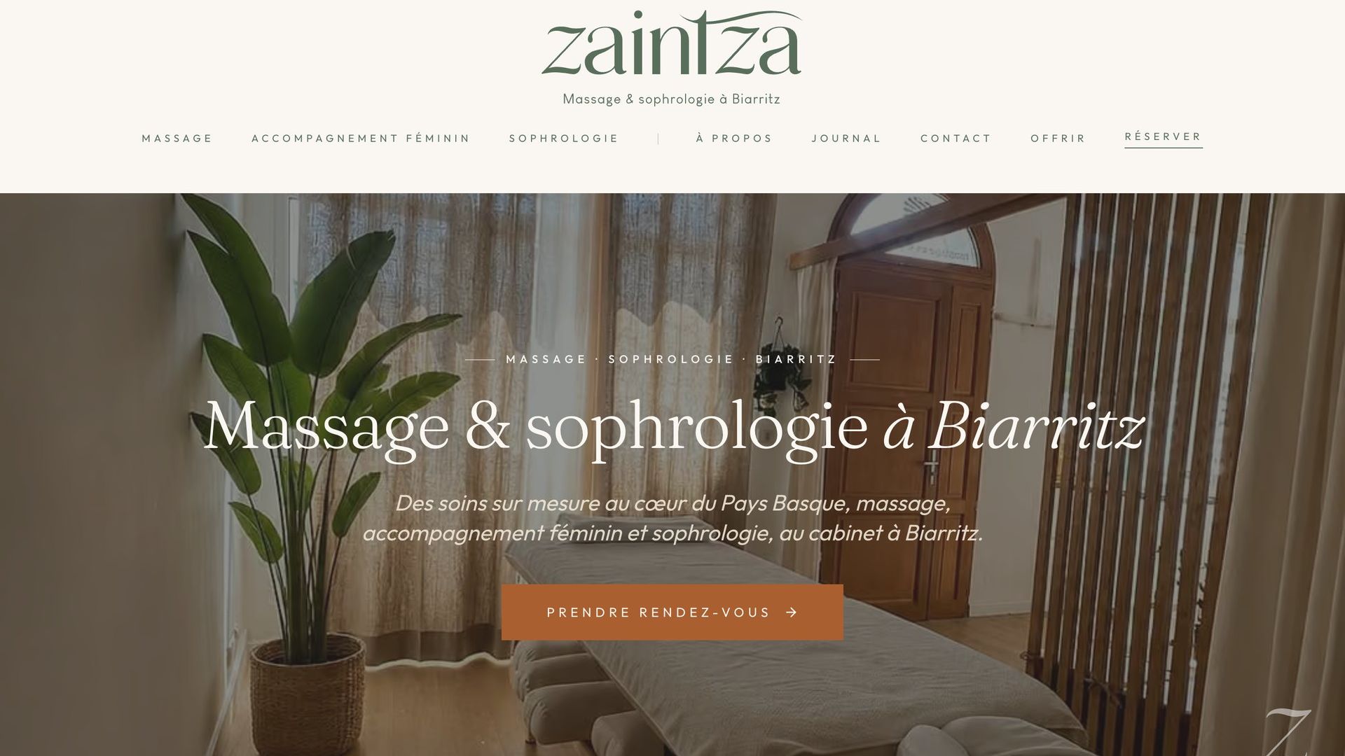 Page d'accueil du site Zaintza, cabinet de massage et sophrologie à Biarritz