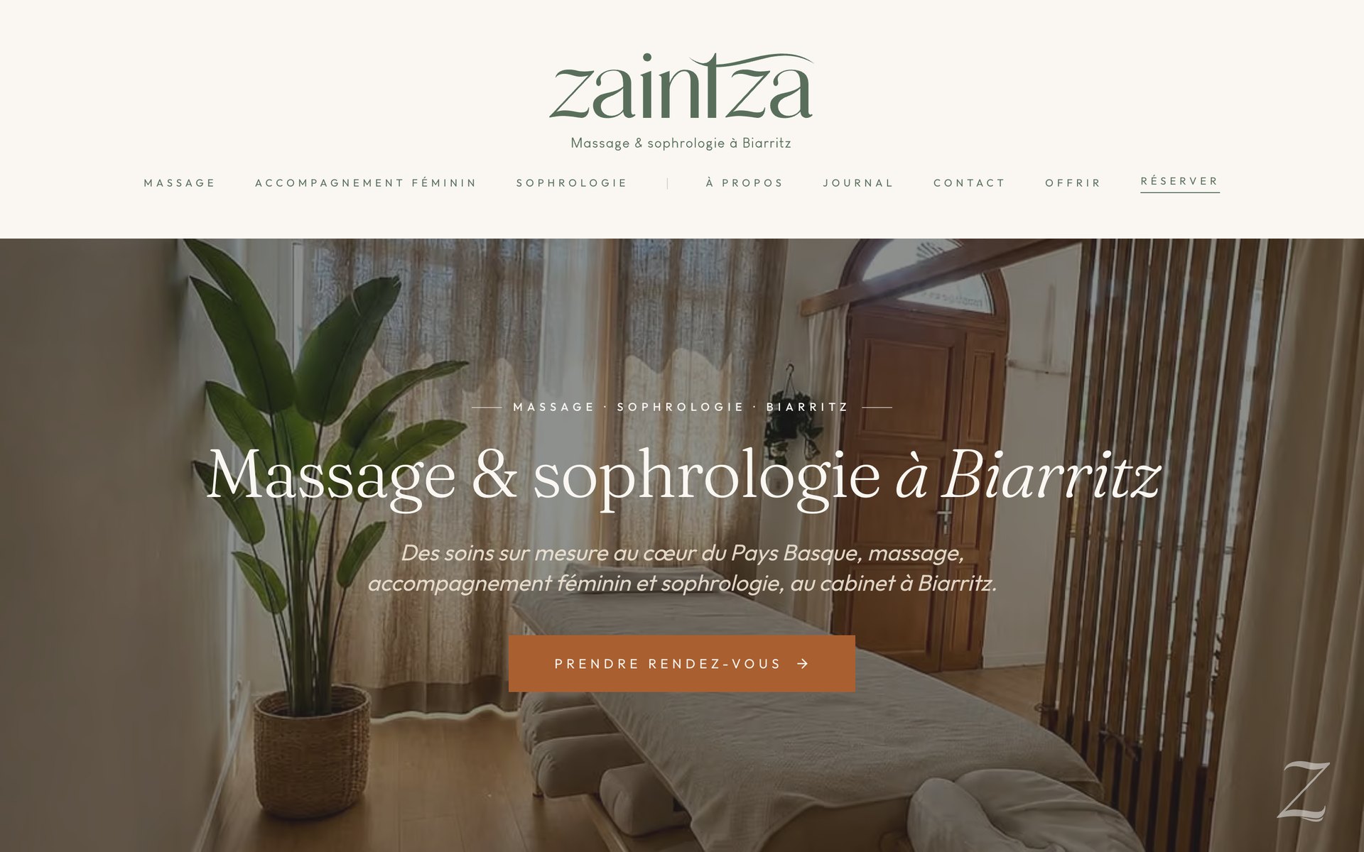 Page d'accueil du site Zaintza, cabinet de massage et sophrologie à Biarritz