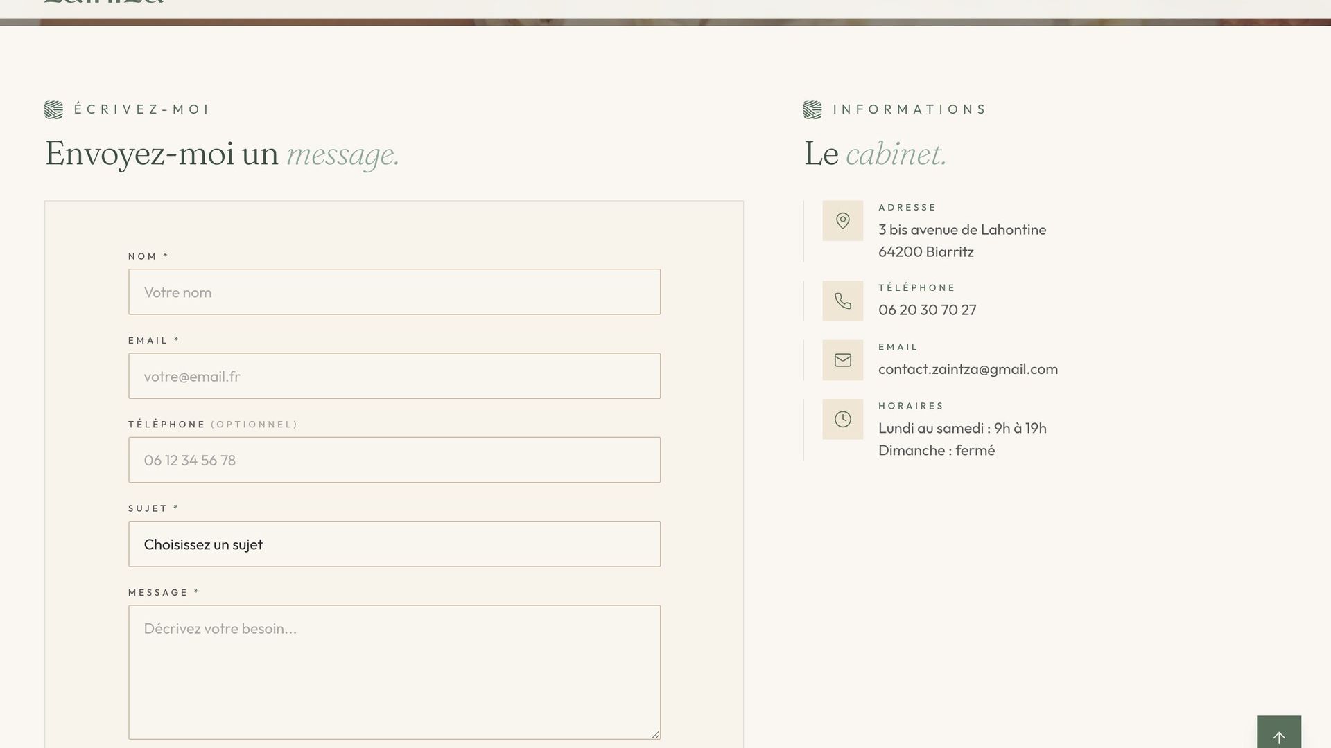 Formulaire de contact et informations pratiques du cabinet Zaintza à Biarritz