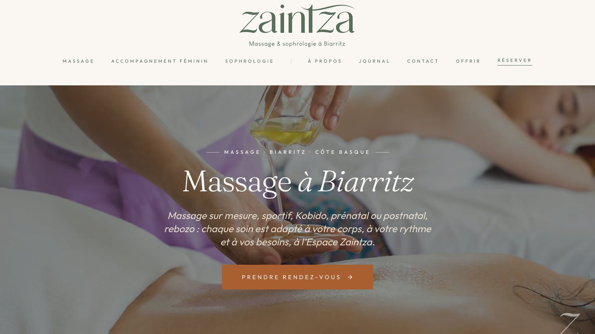 Page pilier massage du site Zaintza, optimisée pour le SEO local à Biarritz
