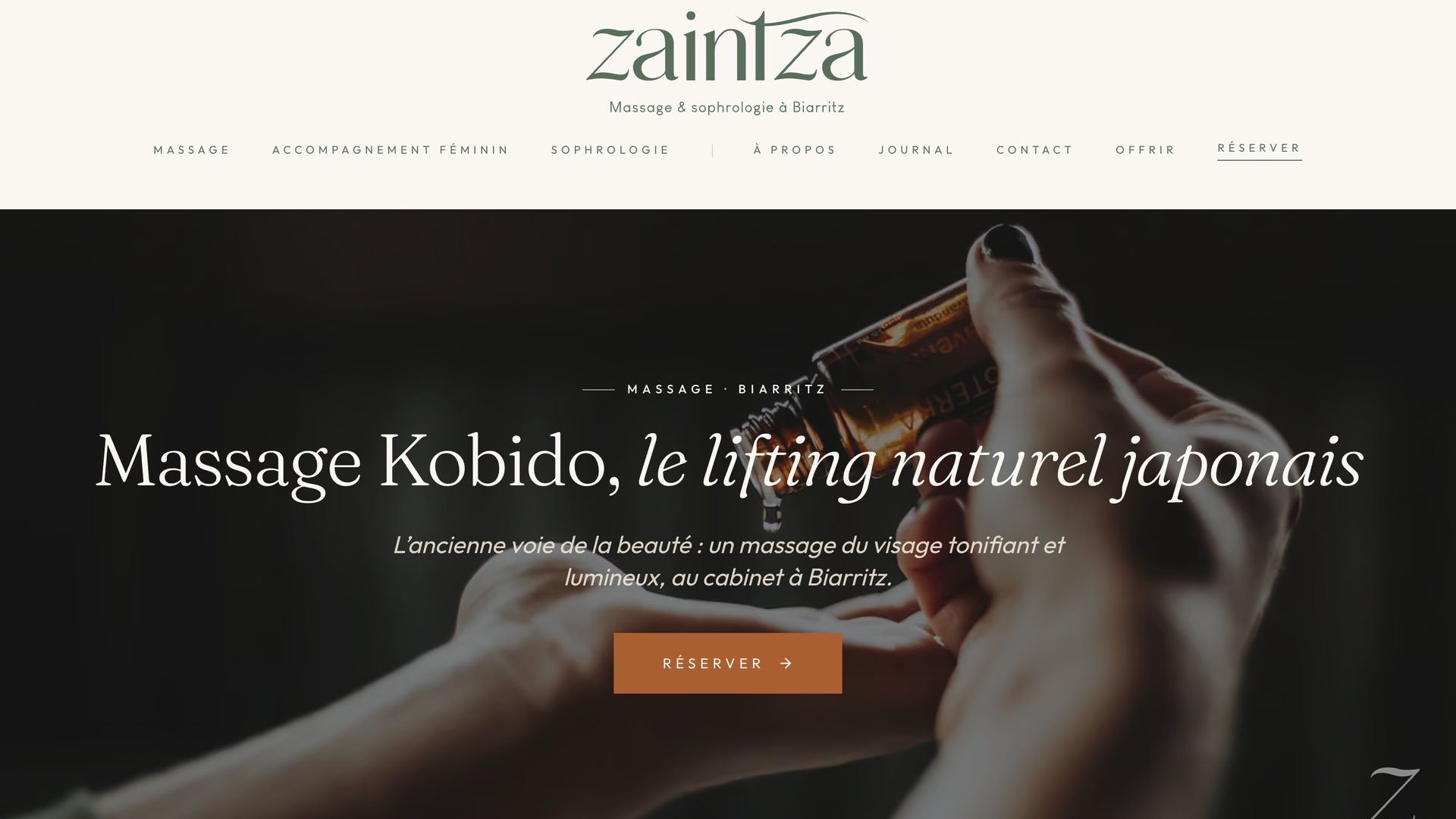 Page soin dédiée au massage Kobido sur le site Zaintza à Biarritz