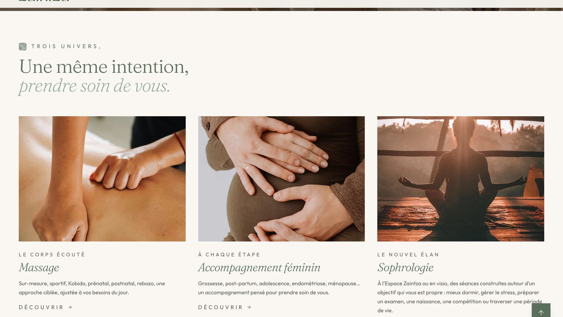 Les trois univers de soins Zaintza : massage, accompagnement féminin et sophrologie